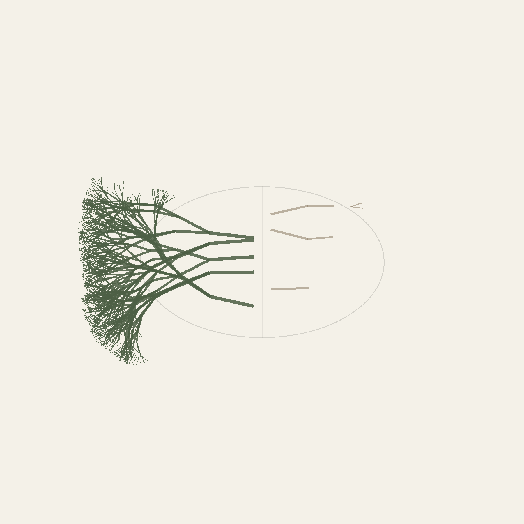 Project-023「まだ言い切れない長さ」— 宿主の輪郭の左半分に密な苔色の菌糸、右半分に途切れがちな薄い菌糸が伸びる生成画像